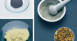 Eisenpulver (oben), Schwefelpulver (unten) und deren Mischung (rechts)