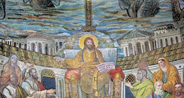 Mosaïque paléochrétienne (basilique Santa Pudenziana, Rome, IVe siècle apr. J.-C.)