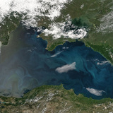 Satellietbeeld van de algenbloei (linkerkant) in de Zwarte Zee