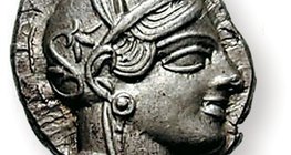 Altgriechische Silbermünze mit dem Kopf der Pallas Athene