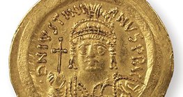 Justinien Ier, Empereur byzantin (527-565), représenté sur une pièce de monnaie.