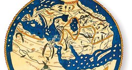 la carte du géographe arabe Al Idrissi gravée sur un plateau d'argent (XIIe siècle)