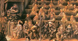 Galilée (en haut à gauche) lors du procès de l'inquisition