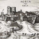 Hedendaagse gravering van de Burcht van Eger (Hongarije)