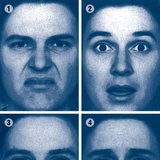 Expressions faciales qui signalent des émotions: dégoût (1), surprise (2), joie (3), tristesse (4).