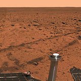 Het Marsoppervlak op een beeld van de Spirit Mars rover