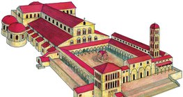 Rekonstruktionszeichnung des 1450 zerstörten Petersdoms in Rom (frühchristliche Kunst)