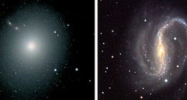Elliptische (links), spirale (Mitte) und irreguläre Galaxie