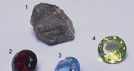 Carborundum (1), rubis (2) et saphir (3 et 4)