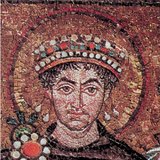 Mozaïek van de keizer Justinianus in de basiliek van San Vitale (Ravenna, Italië, 6e eeuw, Byzantijnse kunst)