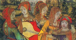 Darstellungen von Madrigal-Chorsängern auf einem Wandteppich