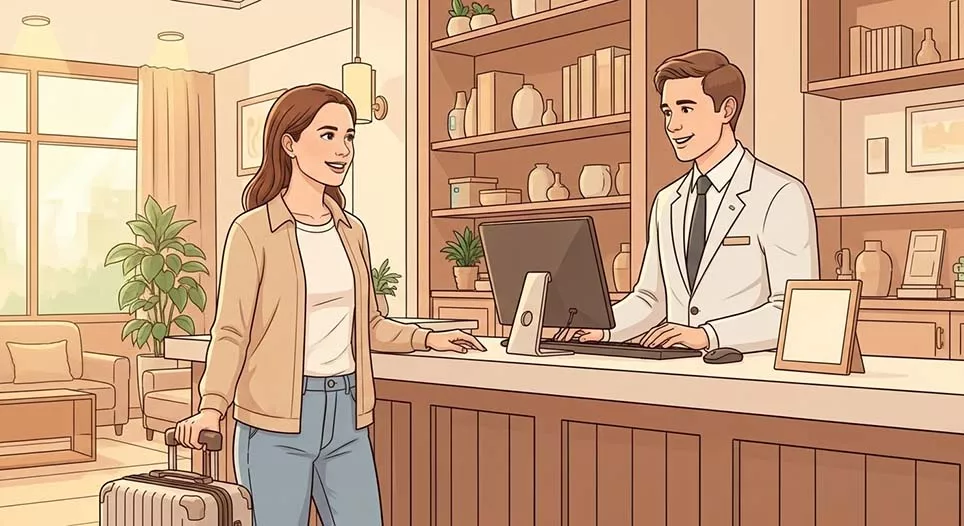 Bij de hotelreceptie